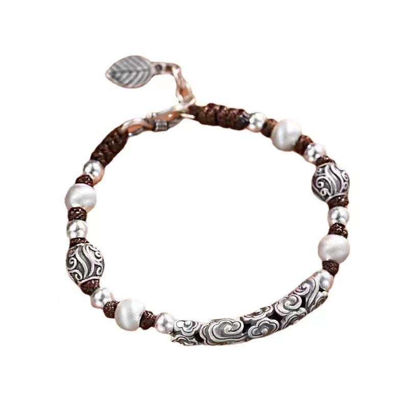 Men's Braided Copper Beaded Bracelet – Vintage Ethnic Style with Auspicious Cloud & Birthstone