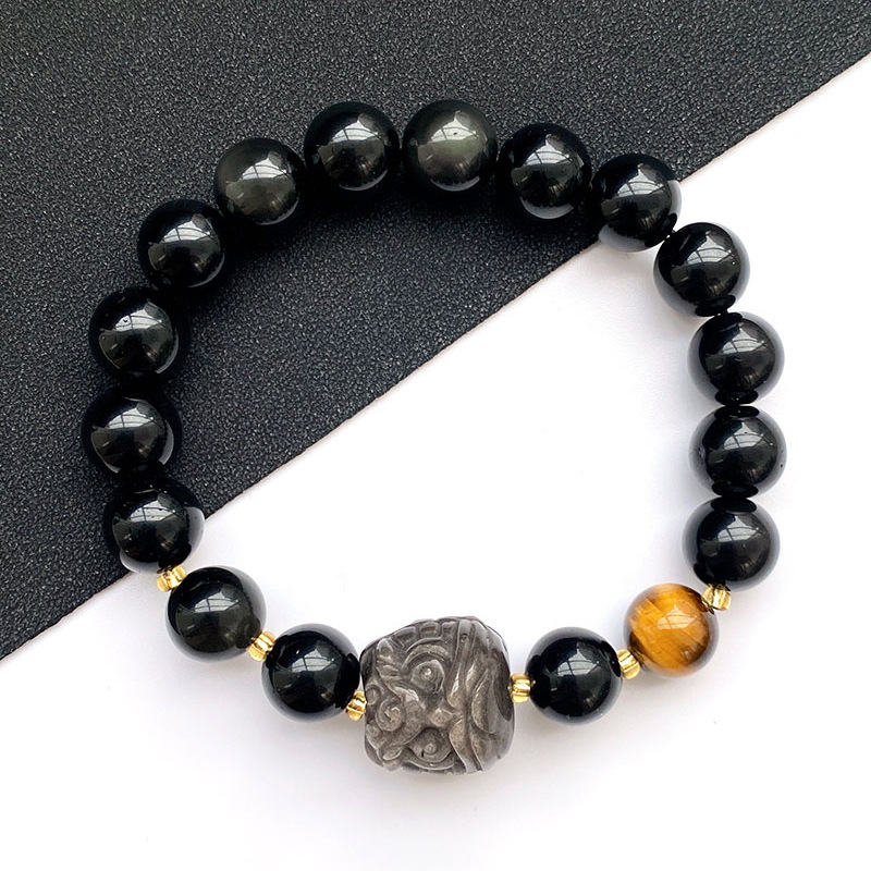 Natural Silver Obsidian Lion Bracelet – Tiger Eye & Rainbow Obsidian Beaded | Birthstone Jewelry