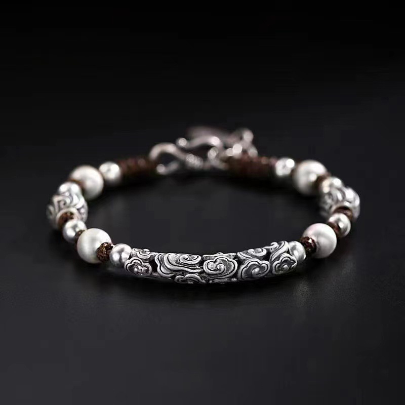 Men's Braided Copper Beaded Bracelet – Vintage Ethnic Style with Auspicious Cloud & Birthstone