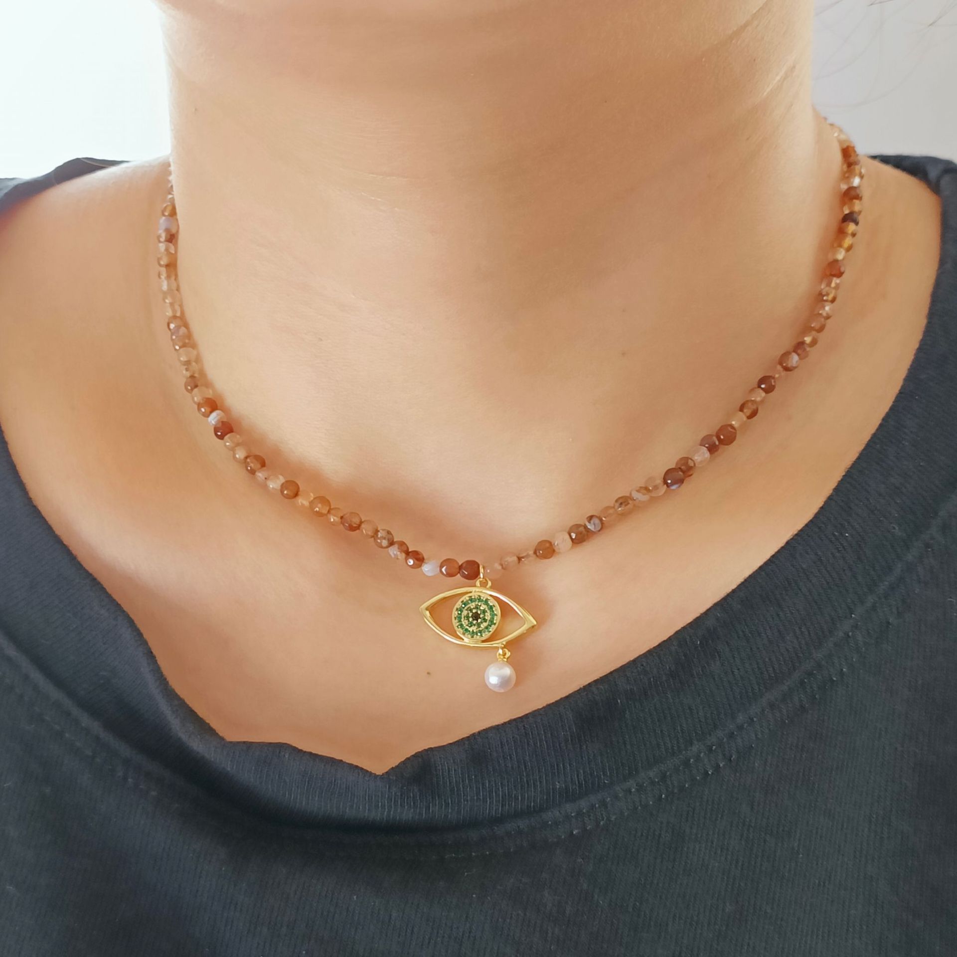 Devil's Eye Necklace, Onyx Beaded Necklace-Birthstone Jewelry