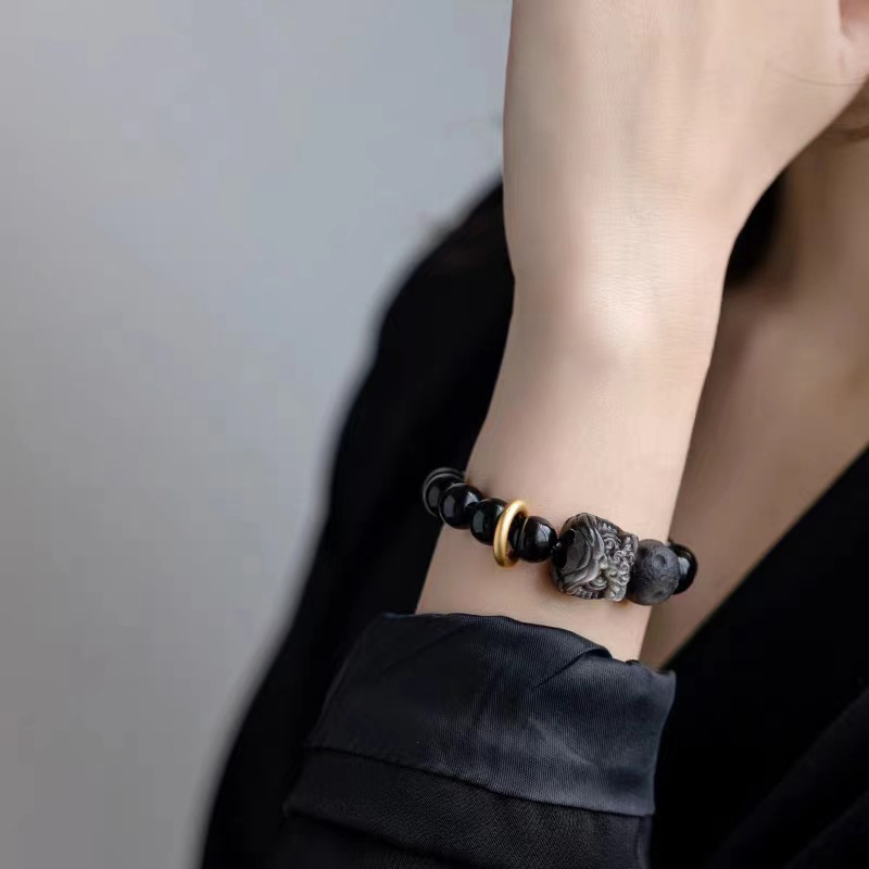 Men Obsidian Waking Lion Bracelet, Valentine's Day Gift Bracelet-Birthstone Jewelry