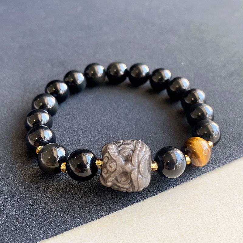 Natural Silver Obsidian Lion Bracelet – Tiger Eye & Rainbow Obsidian Beaded | Birthstone Jewelry
