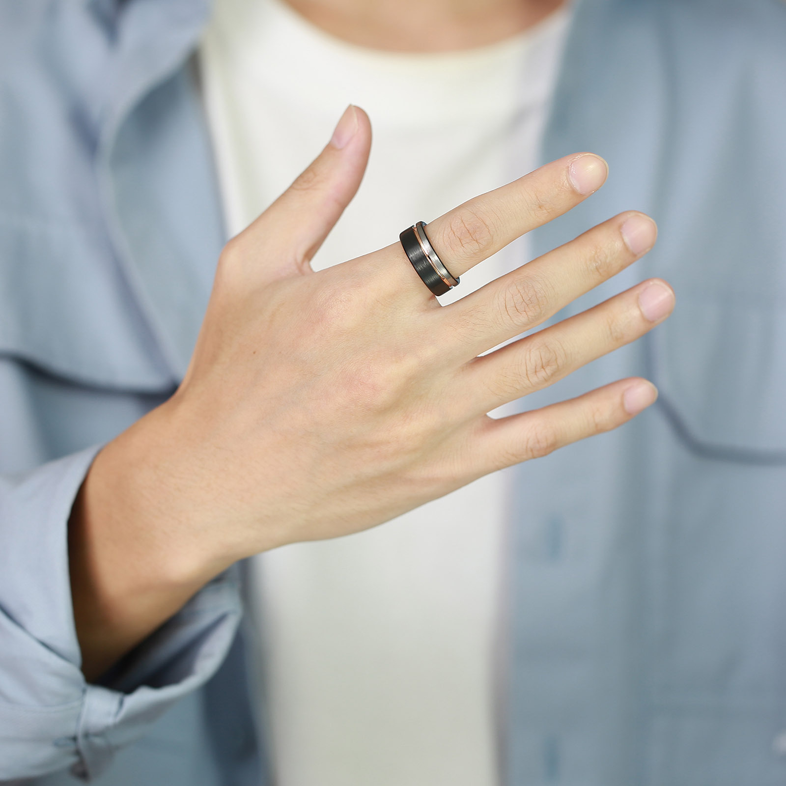 Men's Tungsten Ring 8mm Black with Rose Fluted Index Finger Ring-Birthstone Jewelry