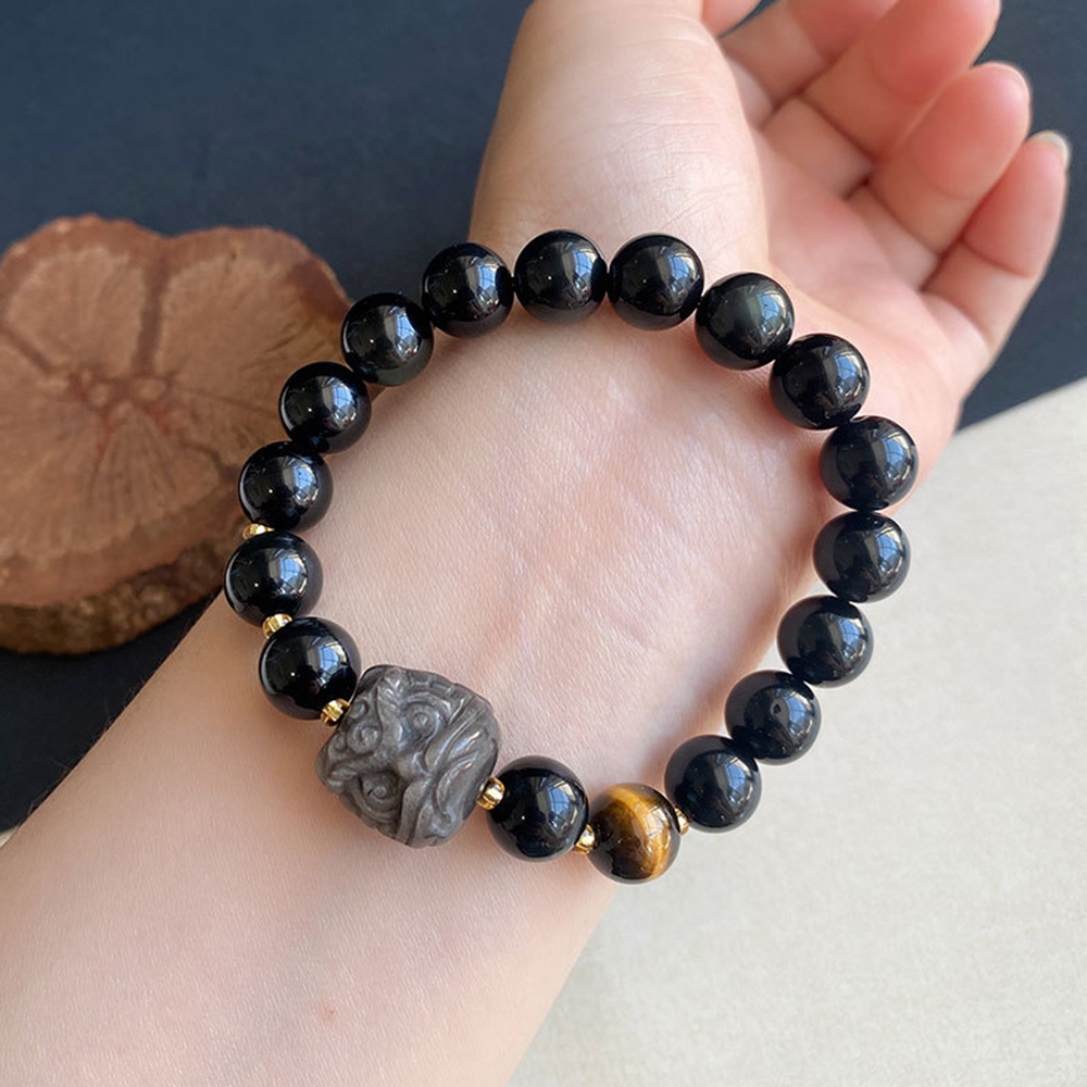 Natural Silver Obsidian Lion Bracelet – Tiger Eye & Rainbow Obsidian Beaded | Birthstone Jewelry