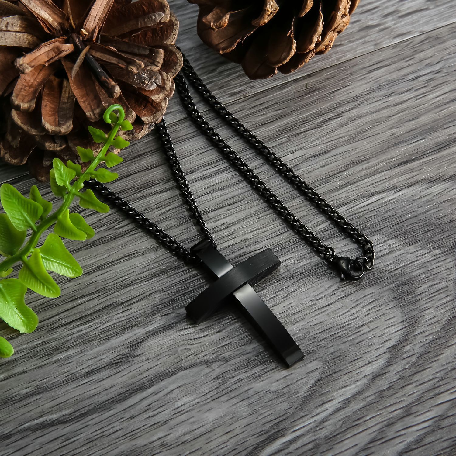 Men's black cross necklace, simple men's titanium steel pendant-Birthstone Jewelry