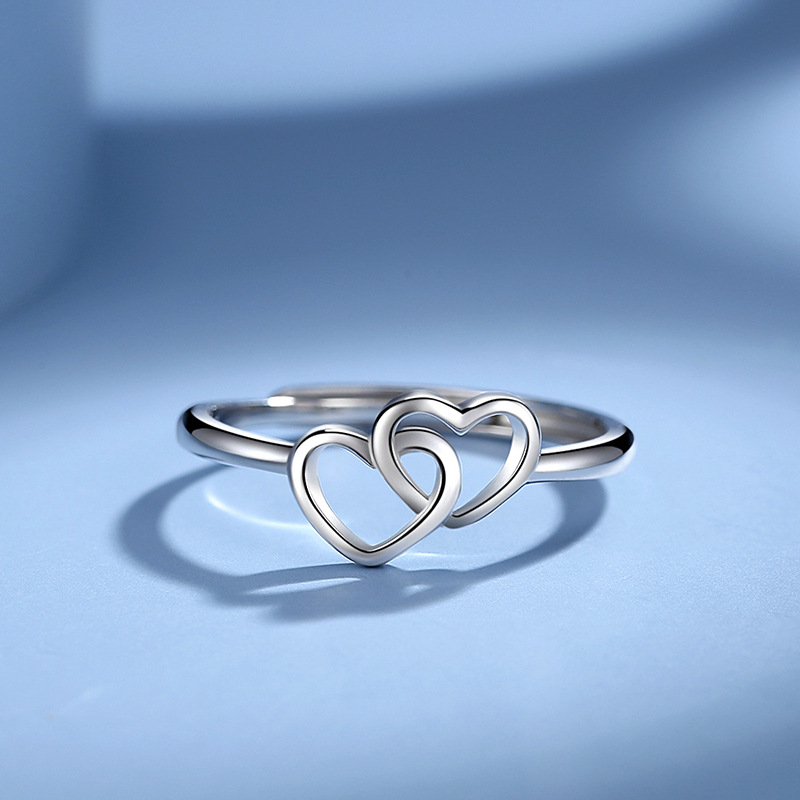 Women's double heart ring, S925 sterling silver heart-to-heart ring-Birthstone Jewelry