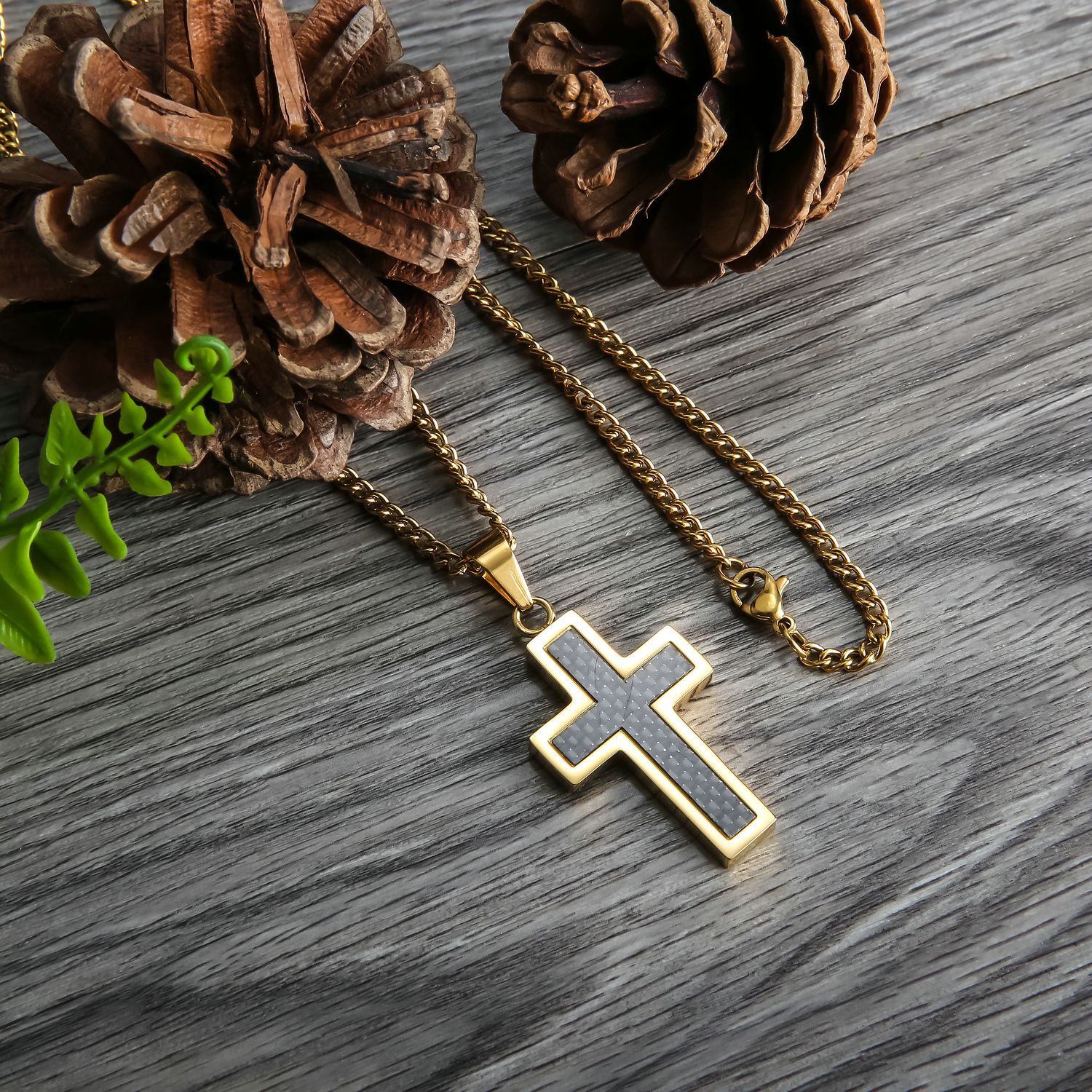 Men's titanium steel necklace pendant with carbon fiber gold cross-Birthstone Jewelry