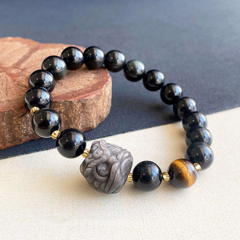 Natural Silver Obsidian Lion Bracelet – Tiger Eye & Rainbow Obsidian Beaded | Birthstone Jewelry