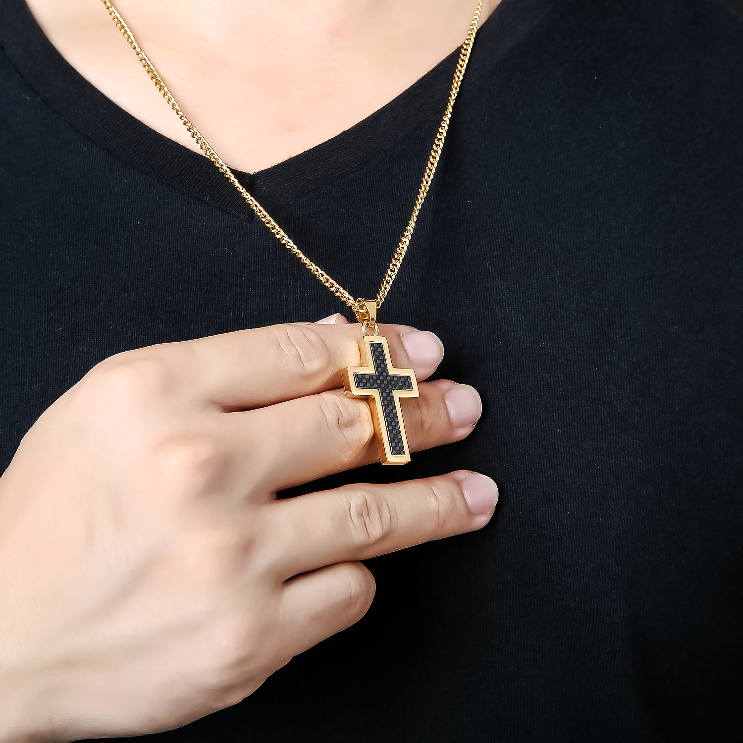 Men's titanium steel necklace pendant with carbon fiber gold cross-Birthstone Jewelry