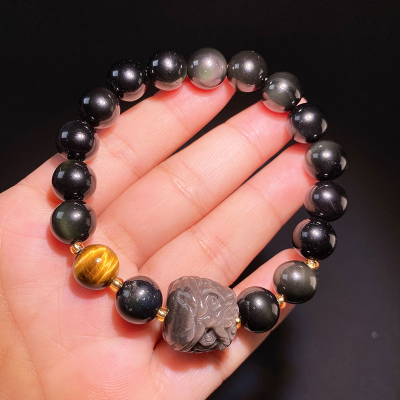 Natural Silver Obsidian Lion Bracelet – Tiger Eye & Rainbow Obsidian Beaded | Birthstone Jewelry