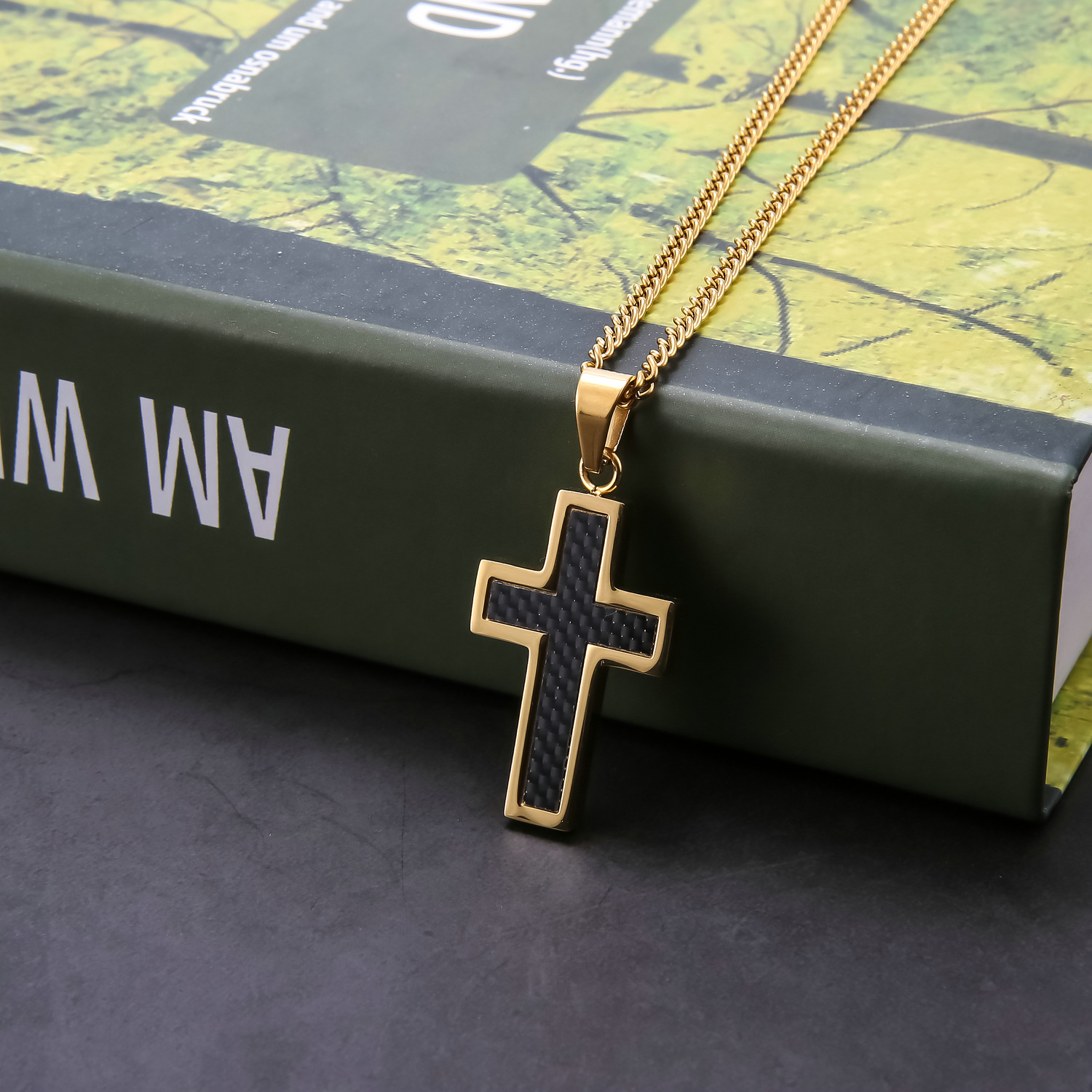 Men's titanium steel necklace pendant with carbon fiber gold cross-Birthstone Jewelry