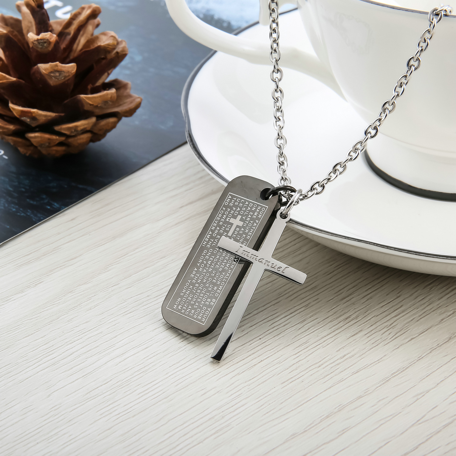 Men's Square Cross Tag Necklace – Titanium Steel Nameplate Pendant | Birthstone Jewelry