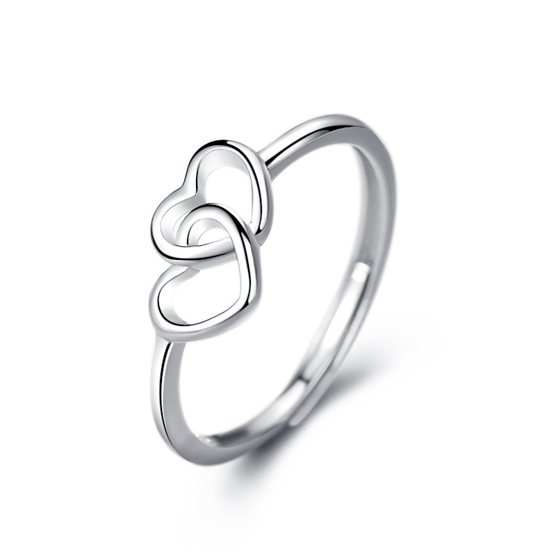 Women's double heart ring, S925 sterling silver heart-to-heart ring-Birthstone Jewelry