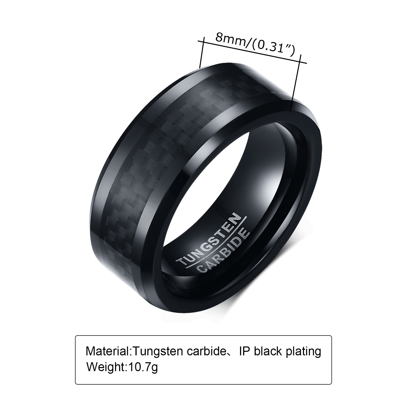 Men's Ring Carbon Fiber Tungsten Ring Black 8mm-Birthstone Jewelry