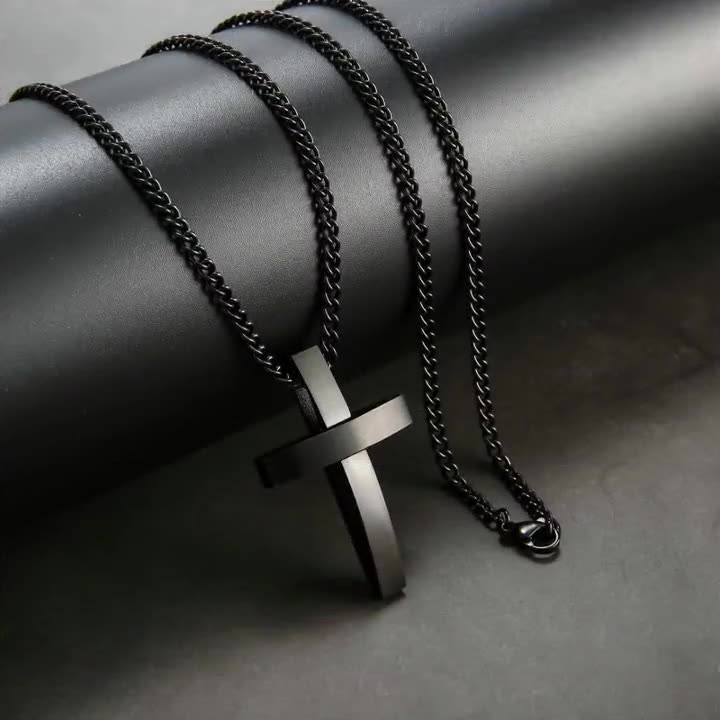 Men's black cross necklace, simple men's titanium steel pendant-Birthstone Jewelry