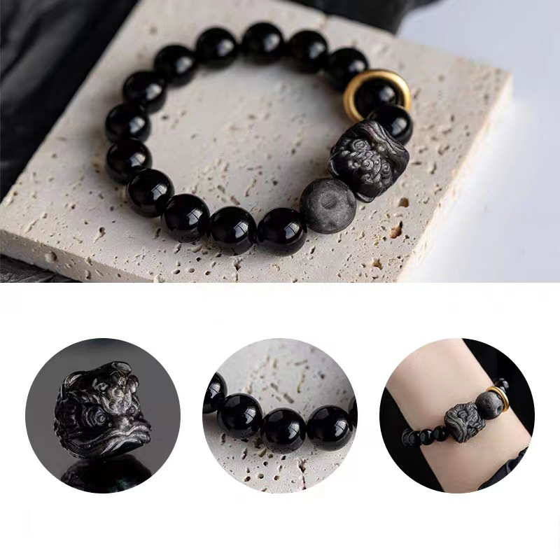 Men Obsidian Waking Lion Bracelet, Valentine's Day Gift Bracelet-Birthstone Jewelry