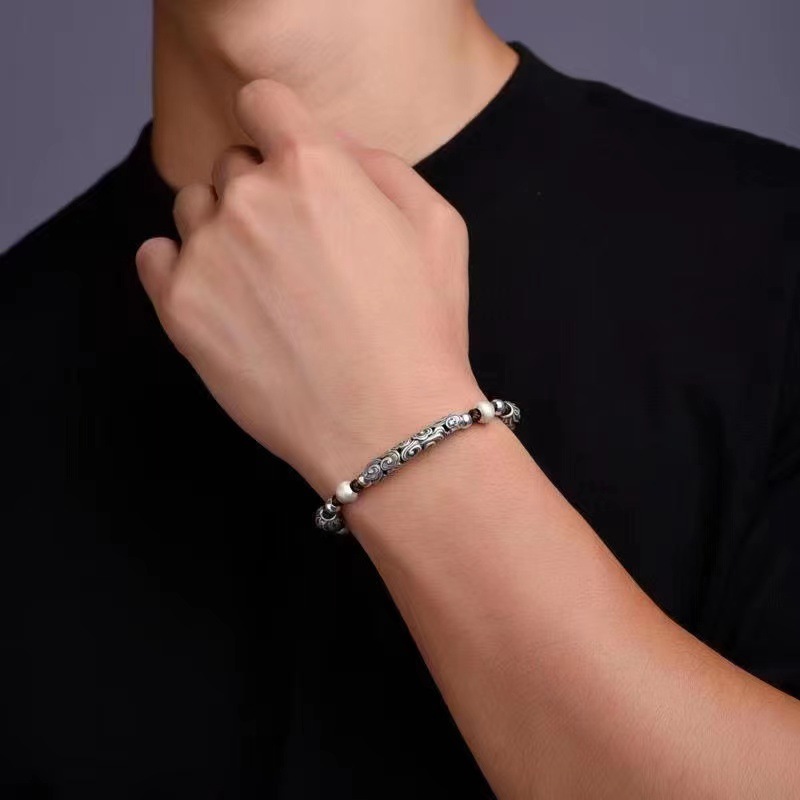 Men's Braided Copper Beaded Bracelet – Vintage Ethnic Style with Auspicious Cloud & Birthstone