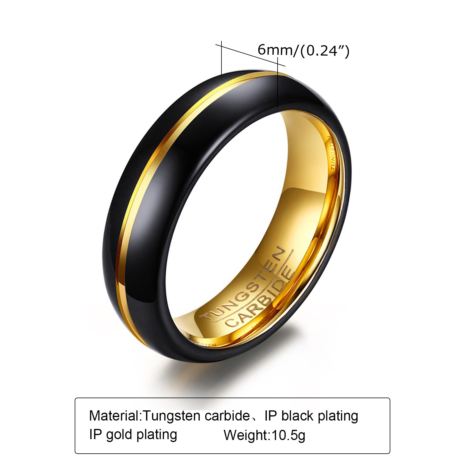 Men's Ring 6mm Tungsten Steel Black Gold Ring -Birthstone Jewelry