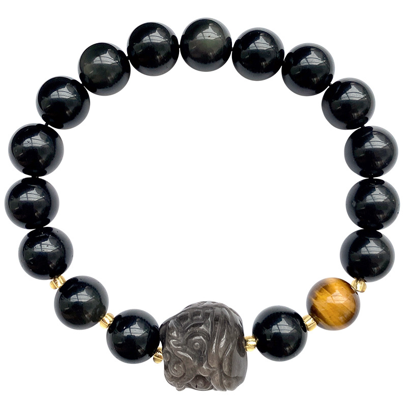 Natural Silver Obsidian Lion Bracelet – Tiger Eye & Rainbow Obsidian Beaded | Birthstone Jewelry