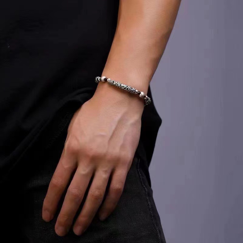 Men's Braided Copper Beaded Bracelet – Vintage Ethnic Style with Auspicious Cloud & Birthstone