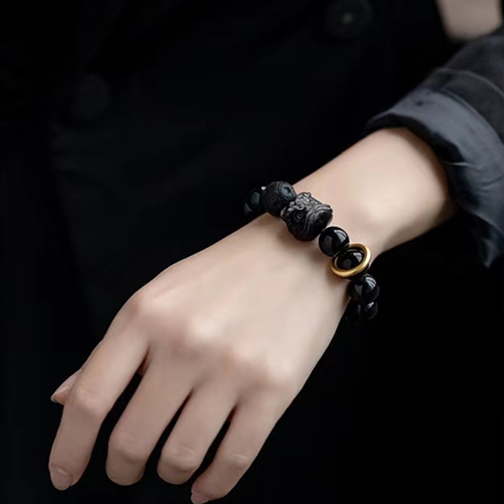 Men Obsidian Waking Lion Bracelet, Valentine's Day Gift Bracelet-Birthstone Jewelry