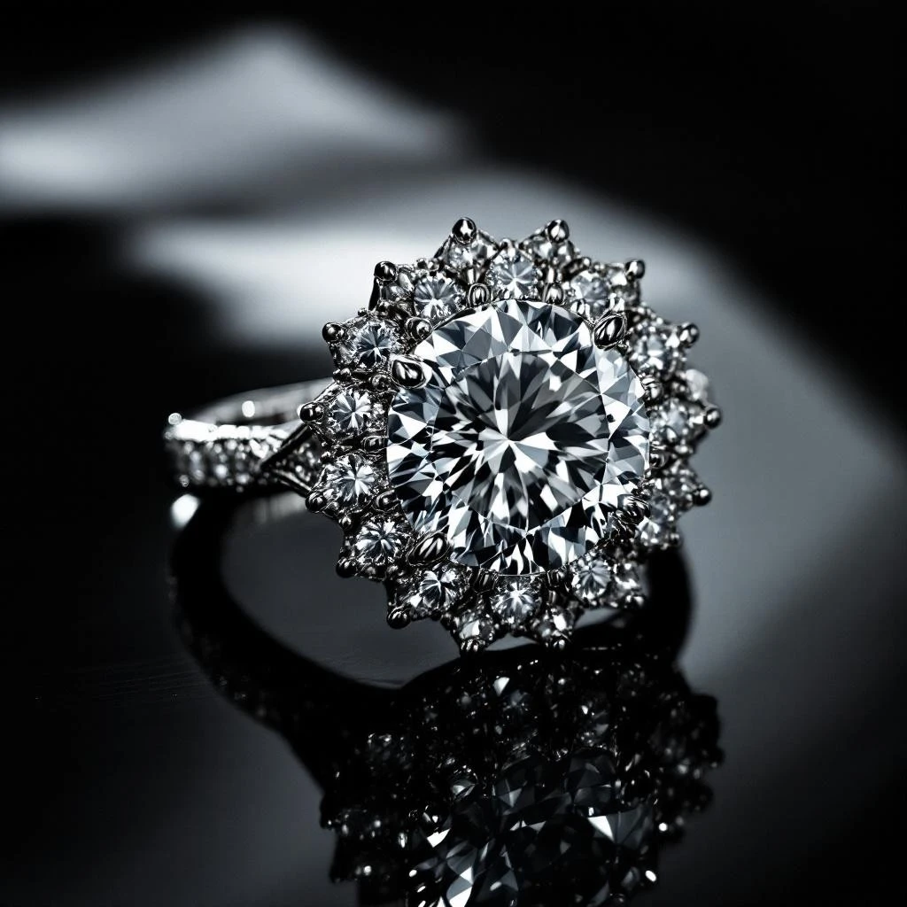 Elegant diamond solitaire ring set in sterling silver on white background