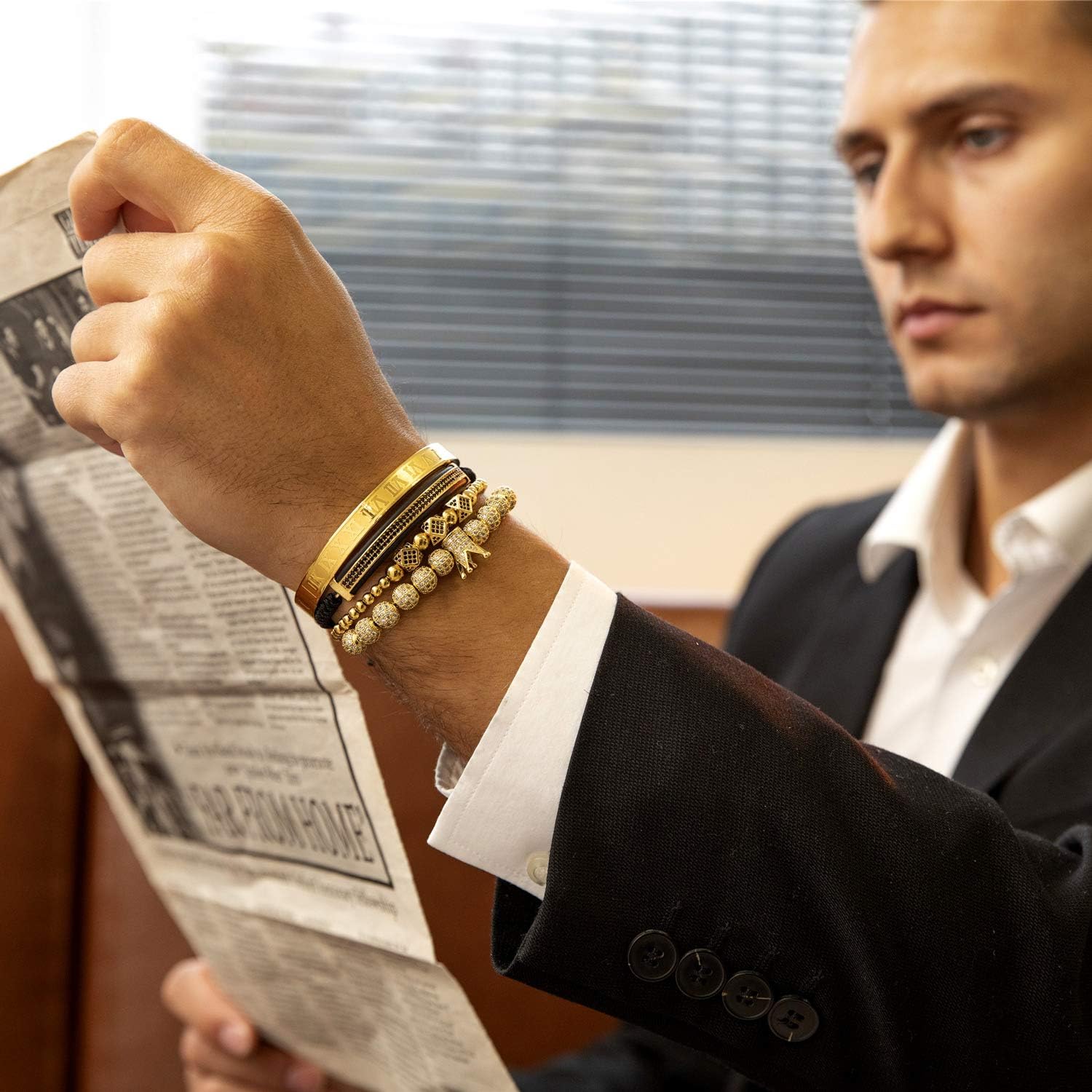 BlingKu Men's Crown of Glamour Gold Bracelet-Birthstone Jewelry