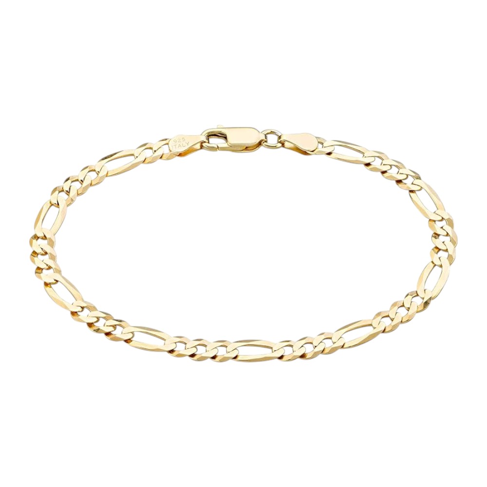 18K Gold Figaro Chain Bracelet – Diamond-Cut 925 Silver Italian