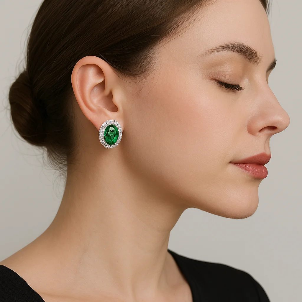 May birthstone emerald earrings featuring lab-grown stones