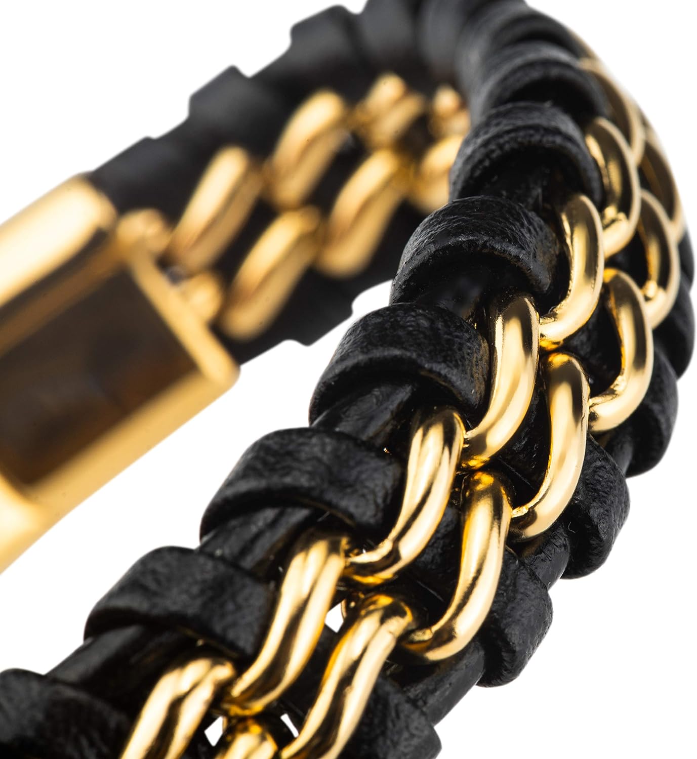 Golden Stainless Steel Magnetic Clasp Leather Men's Bracelet-Birthstone Jewelry