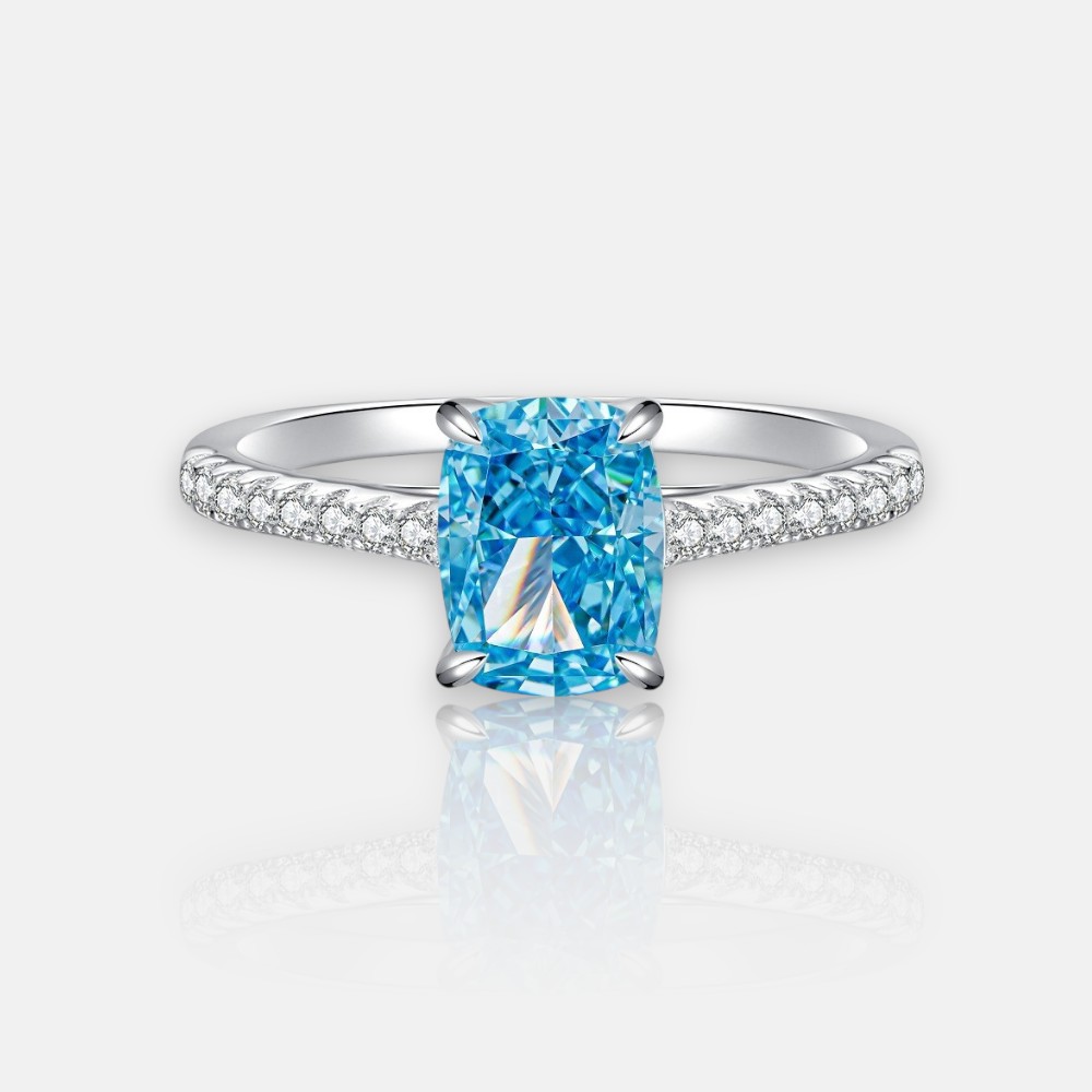 Radiant-Cut Aquamarine Ring with St. Maria Blue Tone & CZ in S925 Silver – March Birthstone