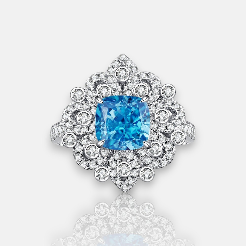 Micro-Pavé Aquamarine Ring with Multicolor CZ in S925 Silver – March Birthstone Ring