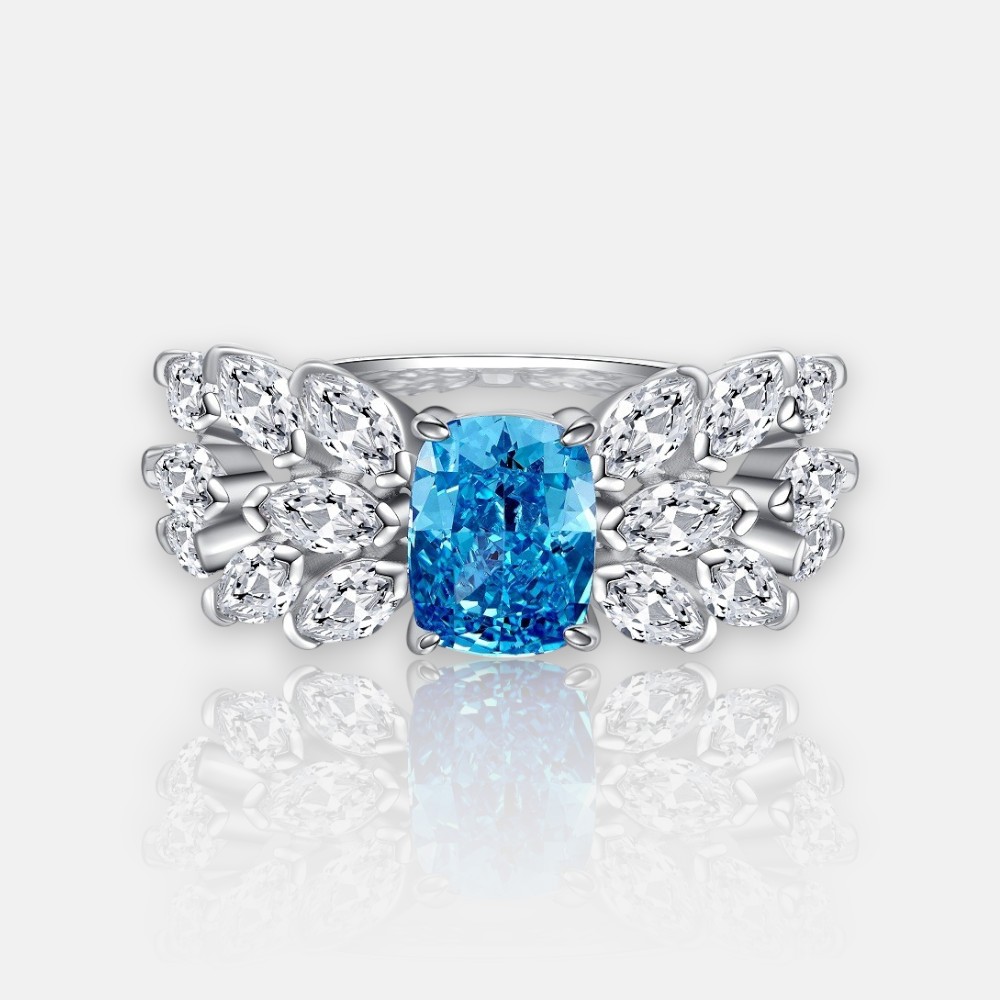 March Birthstone Ring | Radiant Teardrop Aquamarine in Feather Silver Setting