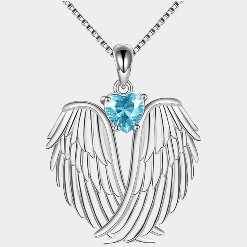 Mar Birthstone Angel Wings Necklace 925 Silver Xmas Gift Women