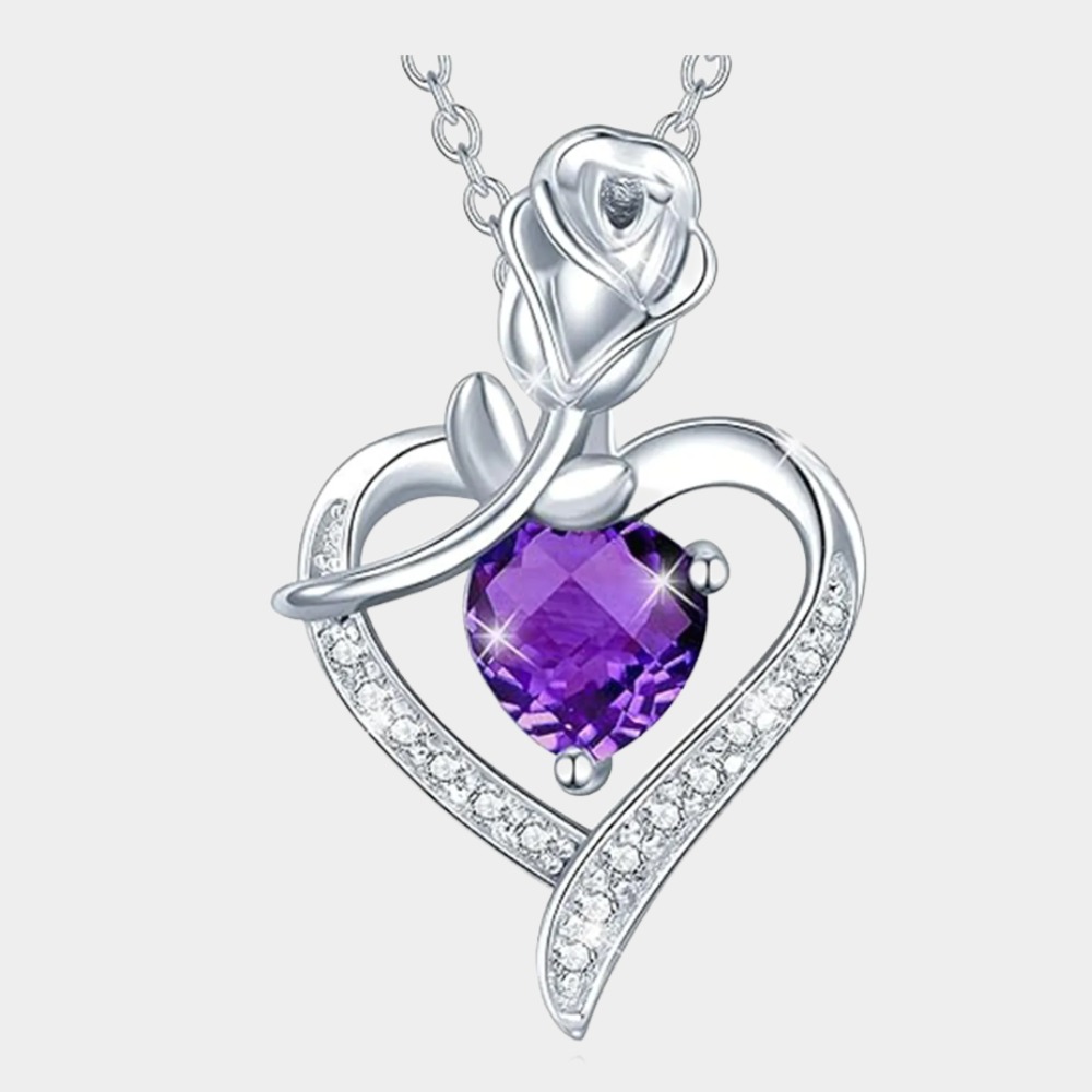 February Birthstone Gemstone Rose Flower Heart Pendant Necklace-Pisces Birthstone-Birthstone Jewelry