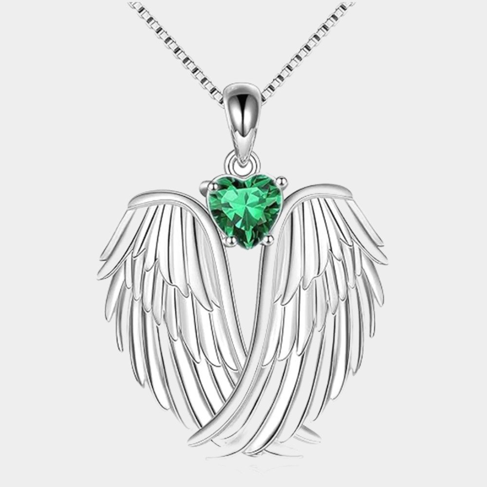 May Emerald Angel Wings Necklace – Sterling Silver Gift for Her
