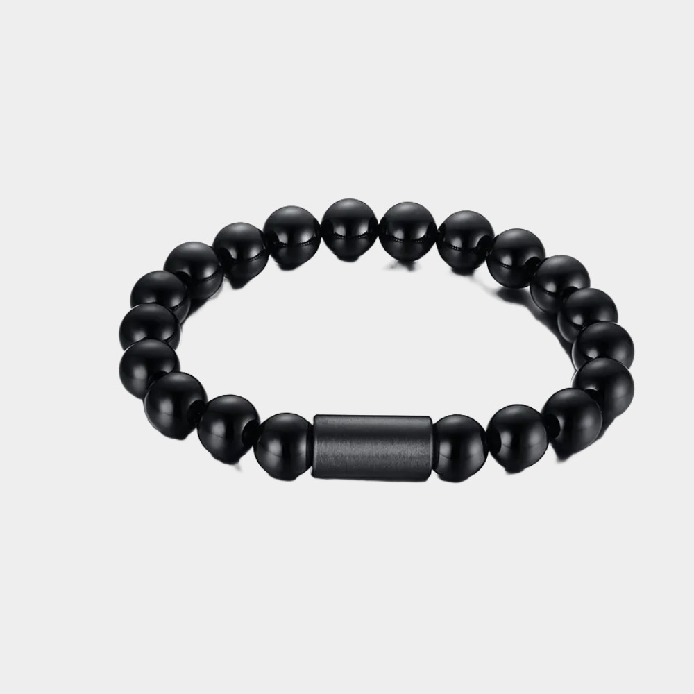 Men's White Turquoise Bracelet,19cm Stainless Steel Round Onyx Beaded Bracelet-Birthstone Jewelry