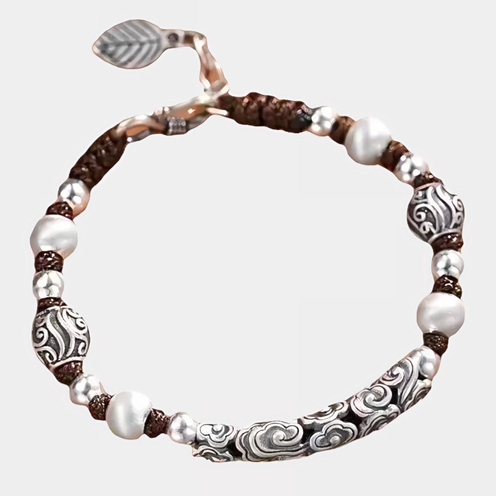Men's Braided Copper Beaded Bracelet – Vintage Ethnic Style with Auspicious Cloud & Birthstone