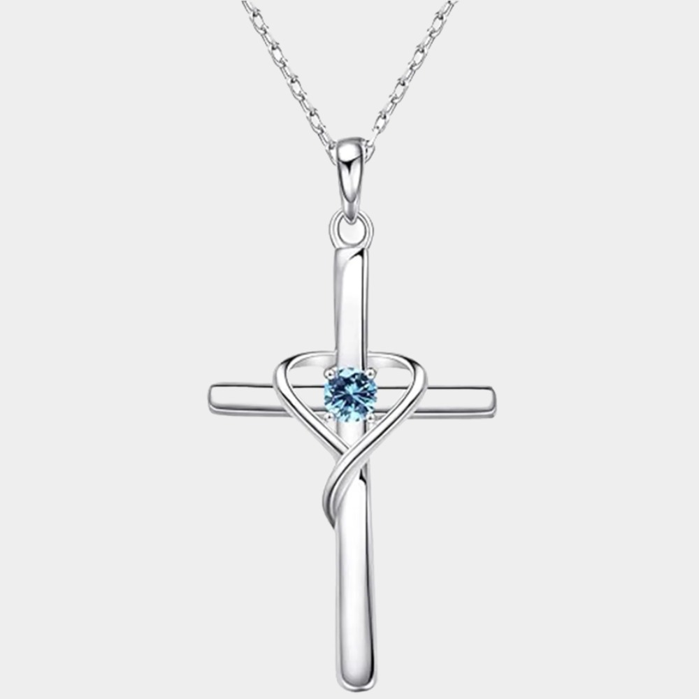 March Birthstone 925 Sterling Silver Cross Birthstone Necklaces-Pisces Birthstone-Birthstone Jewelry