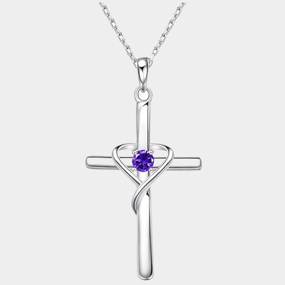 February Birthstone Cross Necklace for Women-Aquarius Birthstone