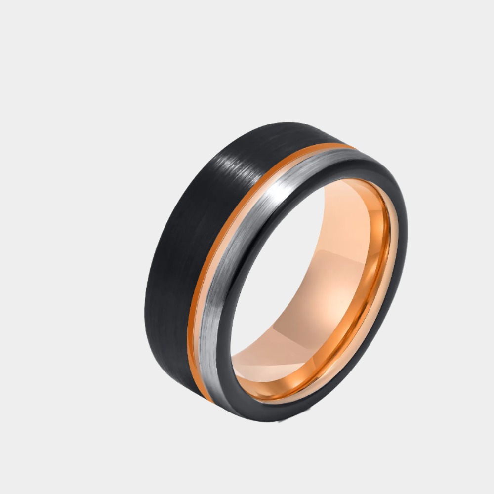 Men's Tungsten Ring 8mm Black with Rose Fluted Index Finger Ring-Birthstone Jewelry