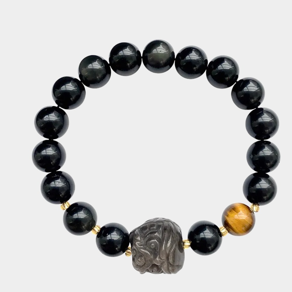 Natural Silver Obsidian Lion Bracelet – Tiger Eye & Rainbow Obsidian Beaded | Birthstone Jewelry