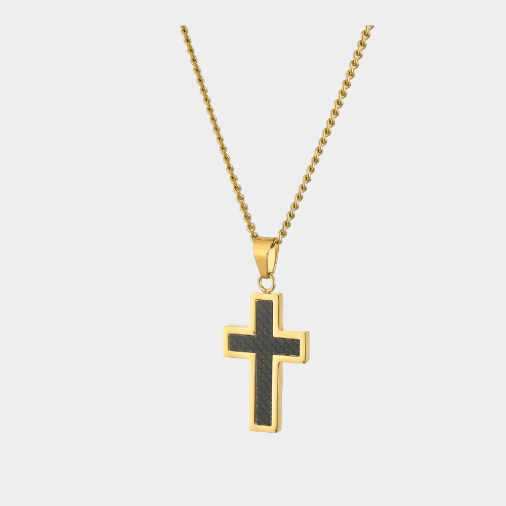 Men's titanium steel necklace pendant with carbon fiber gold cross-Birthstone Jewelry