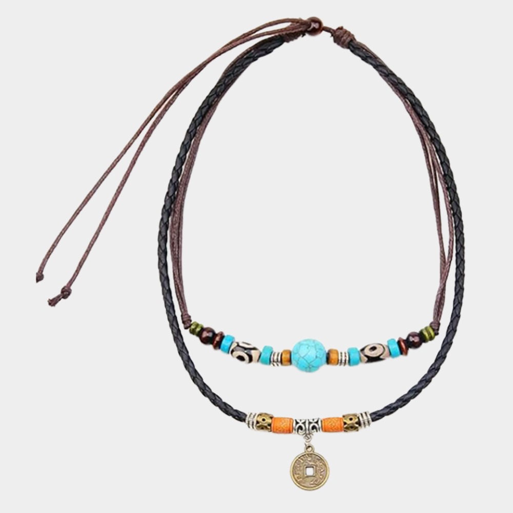 Leather Tribal Necklace with Cross Charm  and Teeth Pendant