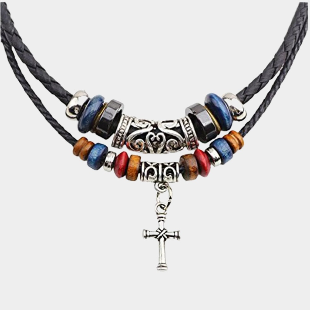 Tribal Necklace with  Cross Charm and Teeth Pendant