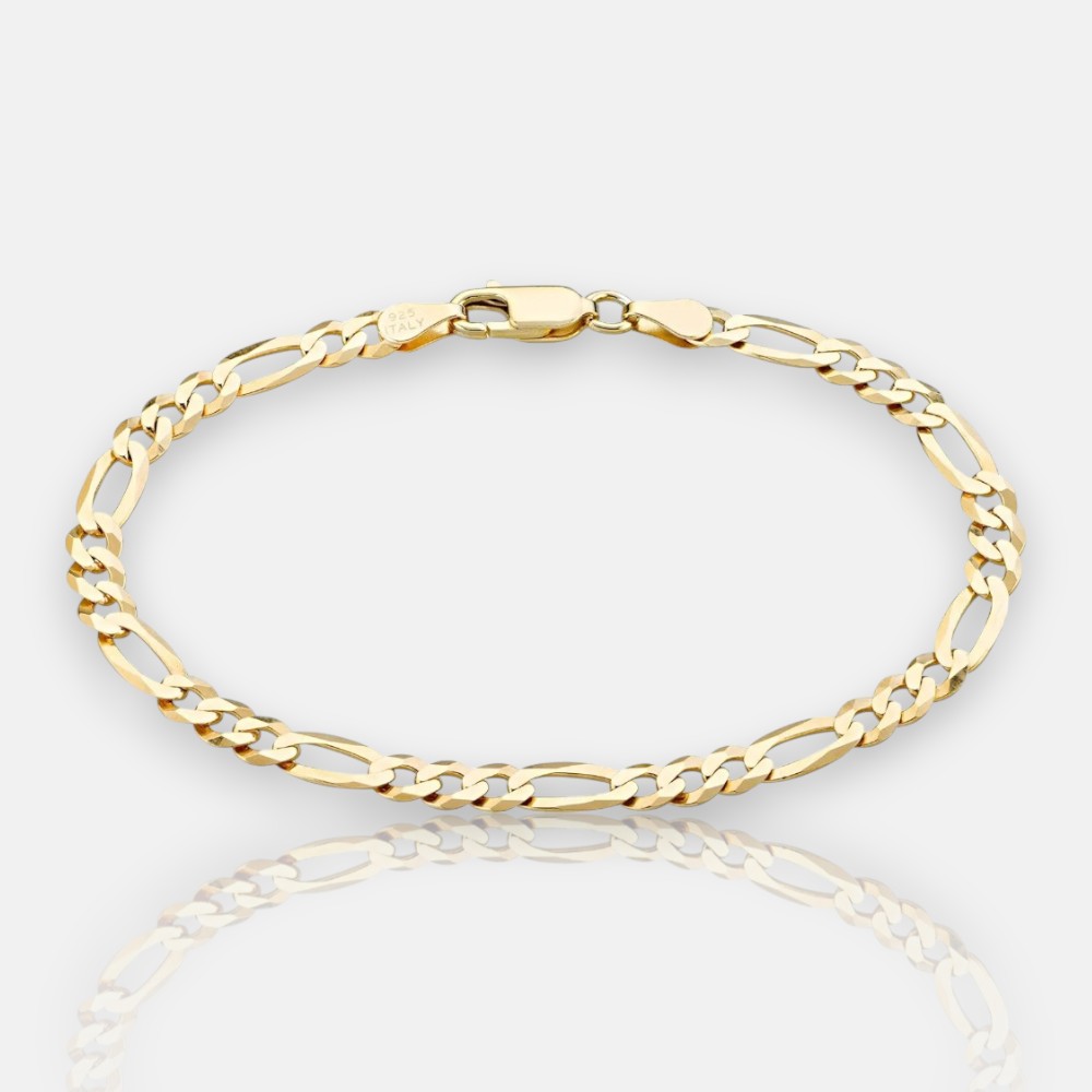 18K Gold Figaro Chain Bracelet – Diamond-Cut 925 Silver Italian