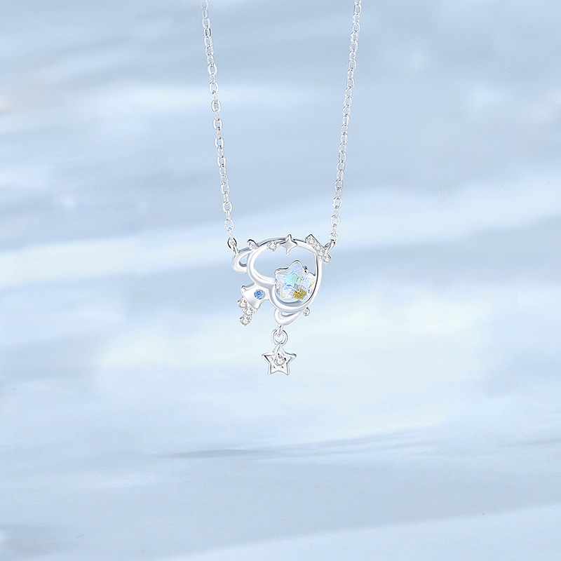 Zodiac Necklace – S925 Sterling Silver Star & Moon Moonstone Pendant