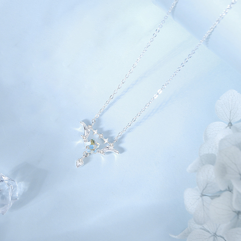 Zodiac Necklace – S925 Sterling Silver Star & Moon Moonstone Pendant