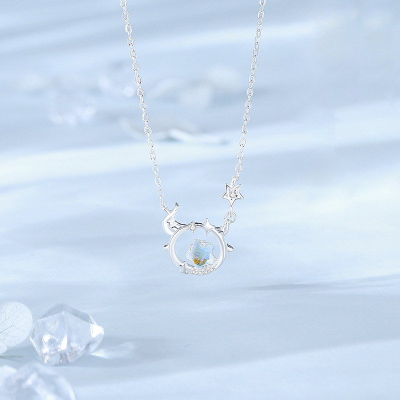 Zodiac Necklace – S925 Sterling Silver Star & Moon Moonstone Pendant