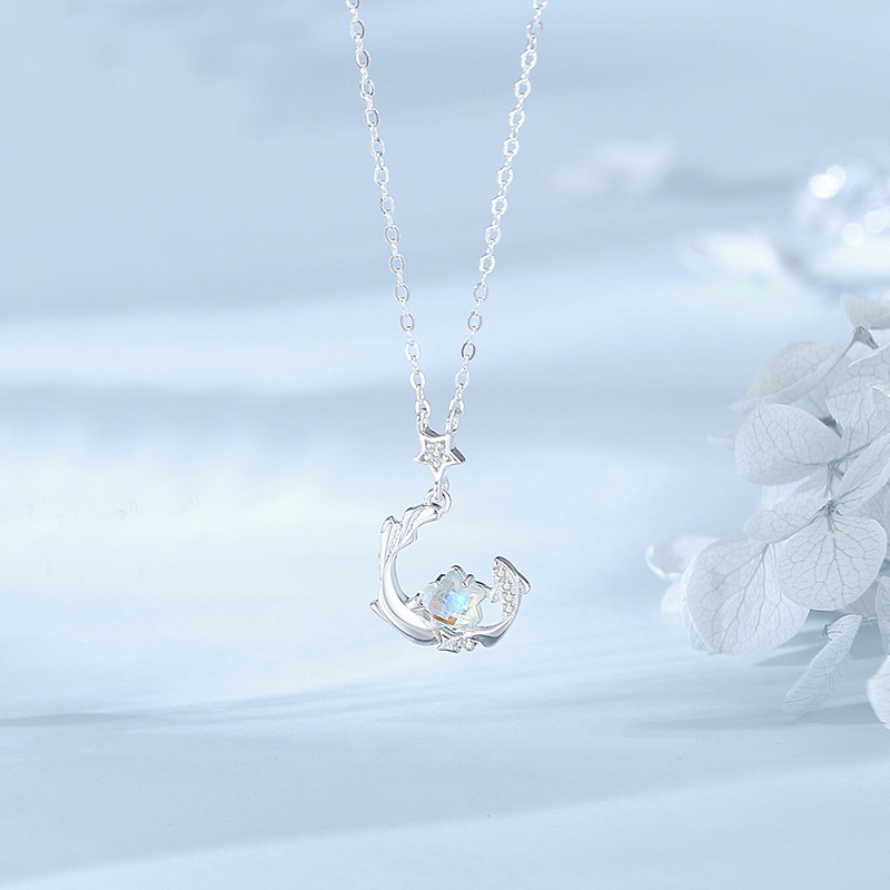 Zodiac Necklace – S925 Sterling Silver Star & Moon Moonstone Pendant